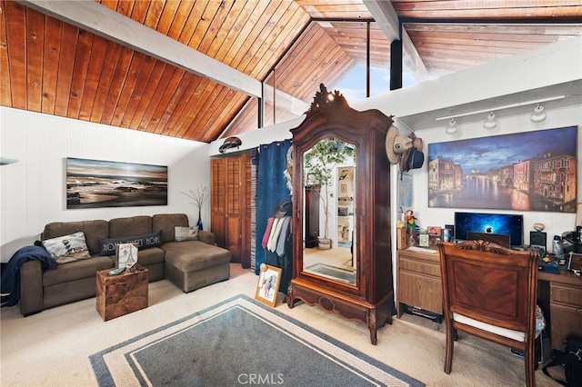carpeted living area with vaulted ceiling with beams and wood ceiling