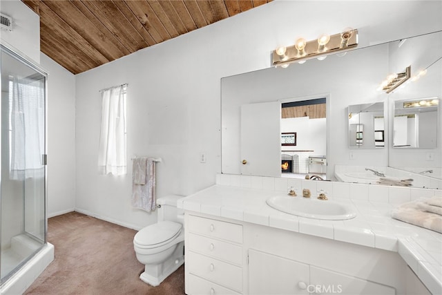 full bathroom featuring a stall shower, toilet, wood ceiling, vanity, and visible vents