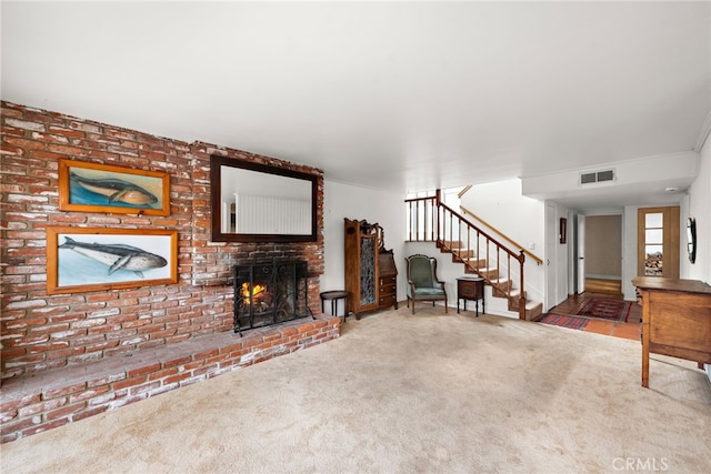 476 62nd St, Newport Beach, CA 92663 - living area featuring carpet floors, stairs, and a fireplace
