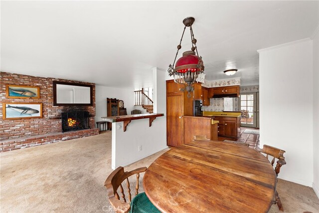 476 62nd St, Newport Beach, CA 92663 - dining area featuring light carpet, a fireplace, and stairway