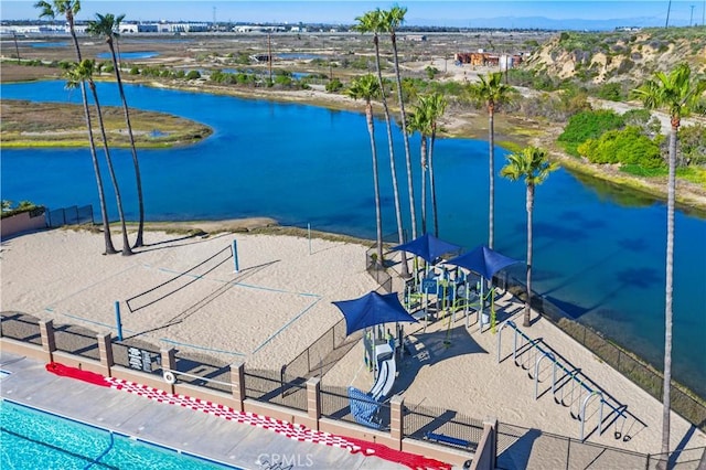 aerial view featuring a water view