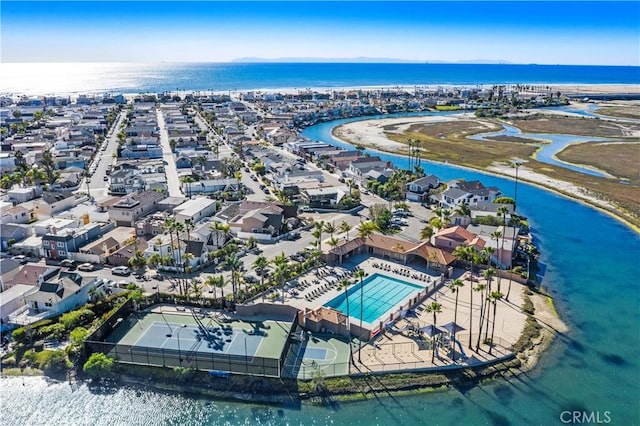 aerial view with a water view and a residential view