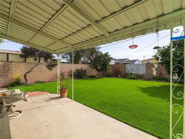 view of yard with a fenced backyard and a patio