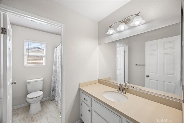 full bath with baseboards, toilet, marble finish floor, and vanity