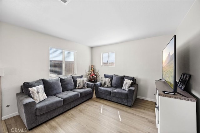 living room featuring light wood-style flooring and baseboards