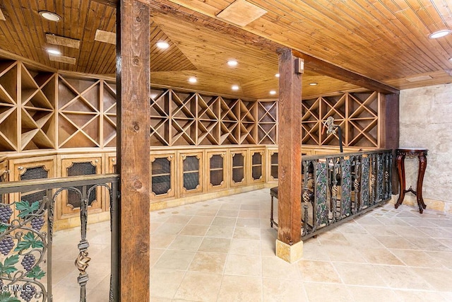 wine area with wooden ceiling and recessed lighting