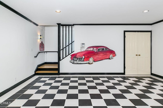 interior space featuring dark floors, baseboards, crown molding, and recessed lighting