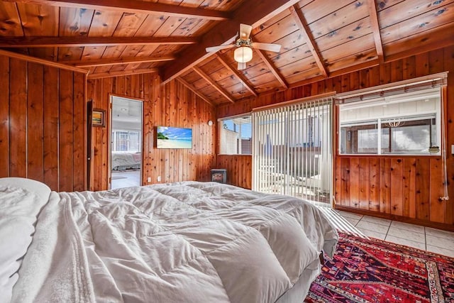 bedroom with wooden ceiling, tile patterned floors, vaulted ceiling with beams, access to outside, and wood walls