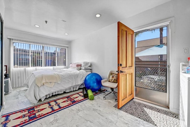 bedroom featuring marble finish floor, multiple windows, and recessed lighting