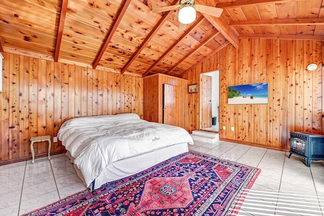 bedroom featuring vaulted ceiling with beams, a wood stove, wood walls, and wood ceiling