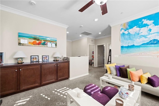 living area featuring ceiling fan, recessed lighting, light carpet, visible vents, and crown molding