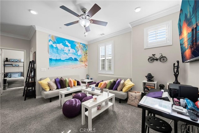 carpeted living area with ceiling fan, visible vents, and crown molding