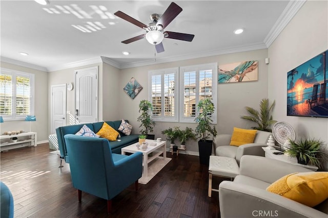 living room featuring crown molding, baseboards, ceiling fan, and dark wood-type flooring