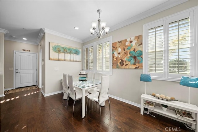 dining space featuring ornamental molding, dark wood-type flooring, and baseboards