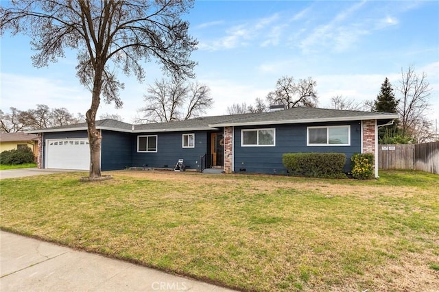 ranch-style home featuring a garage, fence, concrete driveway, and a front yard