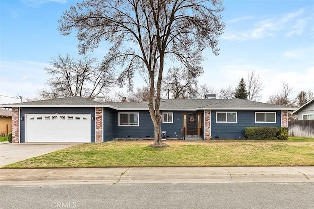 single story home featuring a garage, brick siding, driveway, crawl space, and a front lawn