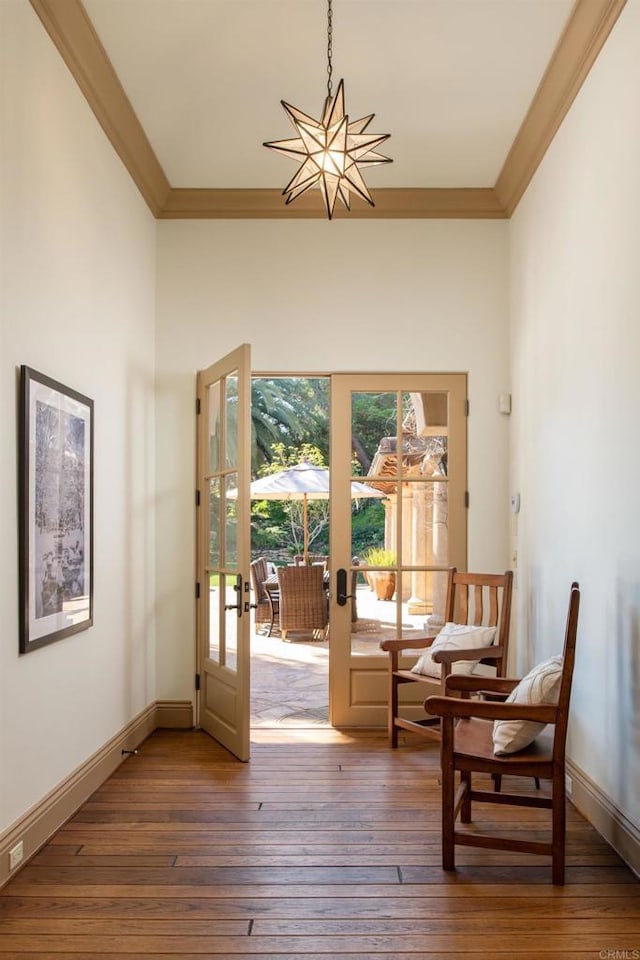 5423 Calzada Del Bosque, Rancho Santa Fe, CA 92067 - doorway featuring ornamental molding, french doors, hardwood / wood-style floors, and a chandelier