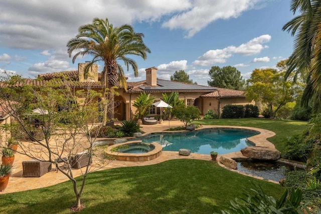 5423 Calzada Del Bosque, Rancho Santa Fe, CA 92067 - view of swimming pool with a lawn, a patio, and a pool with connected hot tub