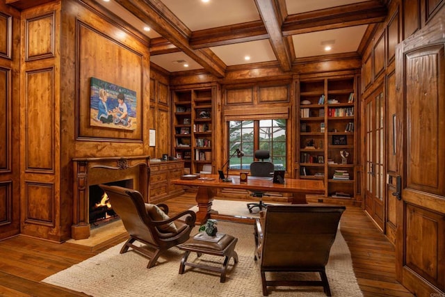 5423 Calzada Del Bosque, Rancho Santa Fe, CA 92067 - home office with wood walls, built in features, crown molding, beamed ceiling, and dark wood-style floors