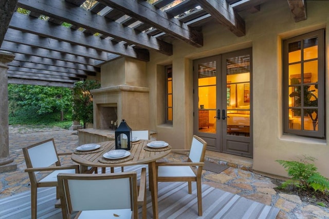 5423 Calzada Del Bosque, Rancho Santa Fe, CA 92067 - wooden terrace featuring exterior fireplace, french doors, a patio, and a pergola