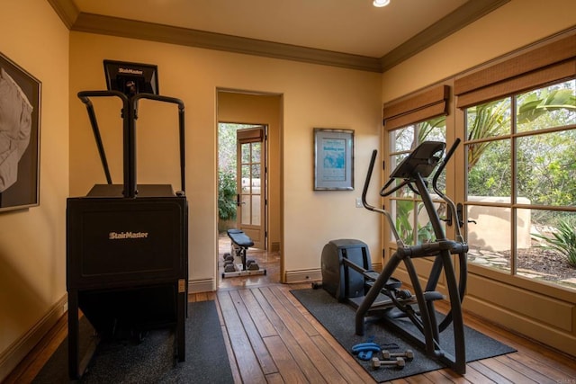 5423 Calzada Del Bosque, Rancho Santa Fe, CA 92067 - workout room with crown molding, plenty of natural light, hardwood / wood-style flooring, and recessed lighting