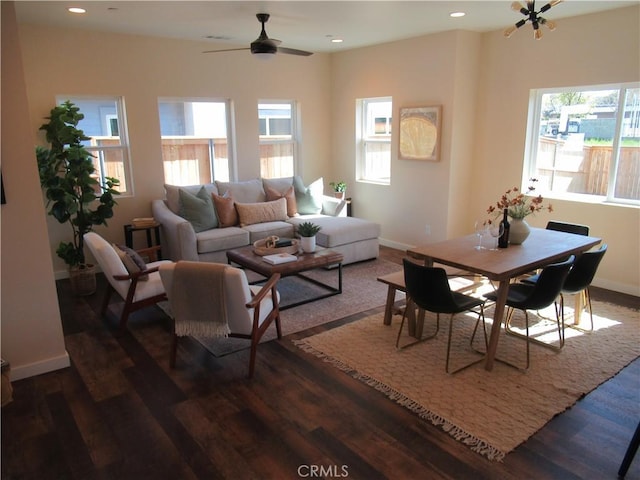 living room with a ceiling fan, recessed lighting, dark wood finished floors, and baseboards