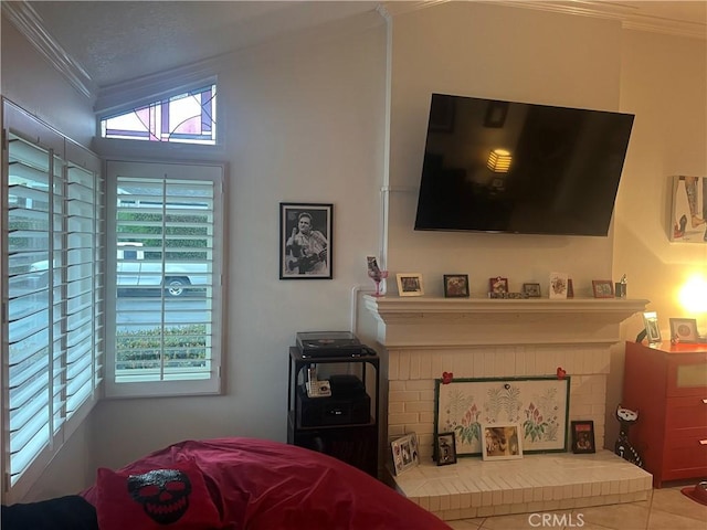 bedroom with lofted ceiling and crown molding