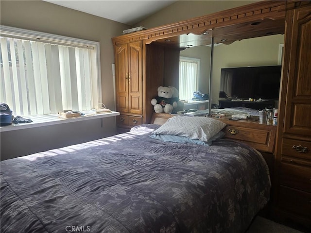 bedroom with lofted ceiling