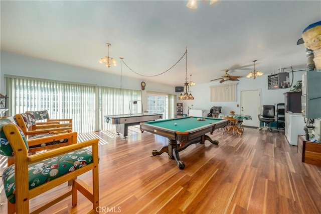 recreation room with billiards, ceiling fan, and wood finished floors