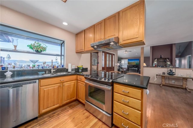 kitchen featuring appliances with stainless steel finishes, dark countertops, under cabinet range hood, and a peninsula