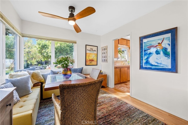 dining room with a ceiling fan and light wood-style floors