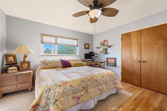 bedroom featuring light wood-style floors and a ceiling fan