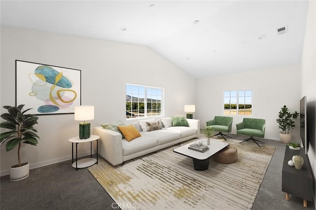 living room with lofted ceiling, baseboards, and visible vents