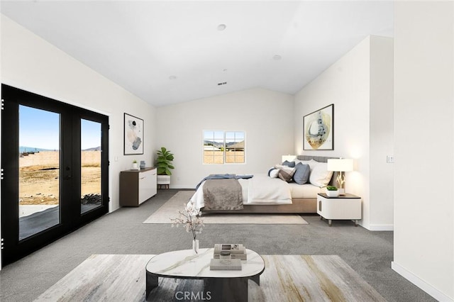 bedroom with french doors, lofted ceiling, light colored carpet, access to outside, and baseboards