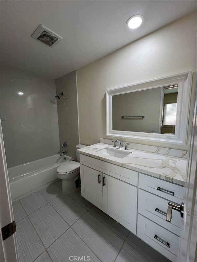 full bath featuring toilet, shower / tub combination, visible vents, and vanity