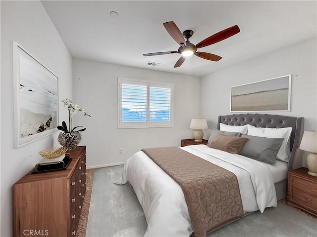 bedroom featuring visible vents, ceiling fan, light carpet, and baseboards