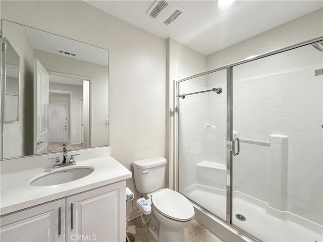 bathroom featuring toilet, a stall shower, vanity, and visible vents