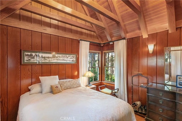 bedroom featuring wood ceiling, wood walls, and lofted ceiling with beams