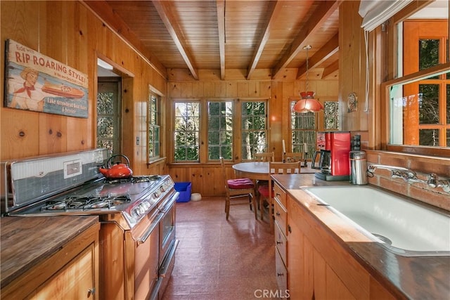 kitchen with wood walls, a sink, wooden counters, brown cabinets, and stainless steel range with gas stovetop