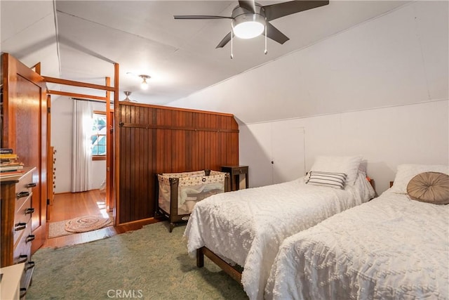 bedroom with vaulted ceiling and ceiling fan