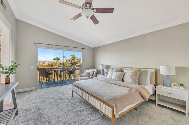 bedroom with light carpet, baseboards, lofted ceiling, ornamental molding, and access to exterior