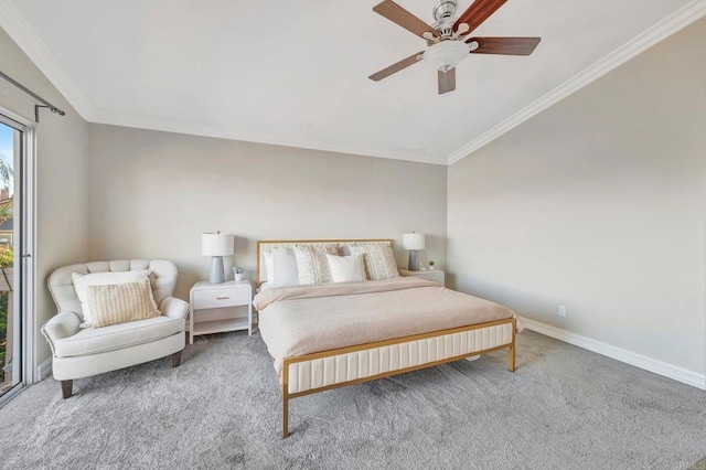 bedroom with a ceiling fan, carpet, ornamental molding, and baseboards