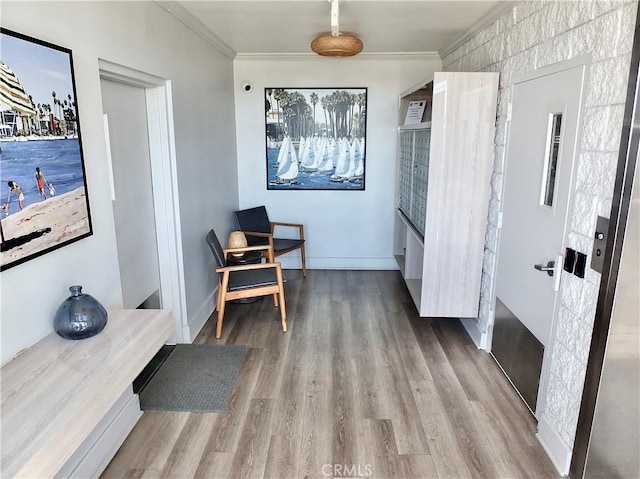 hallway with baseboards, wood finished floors, and crown molding