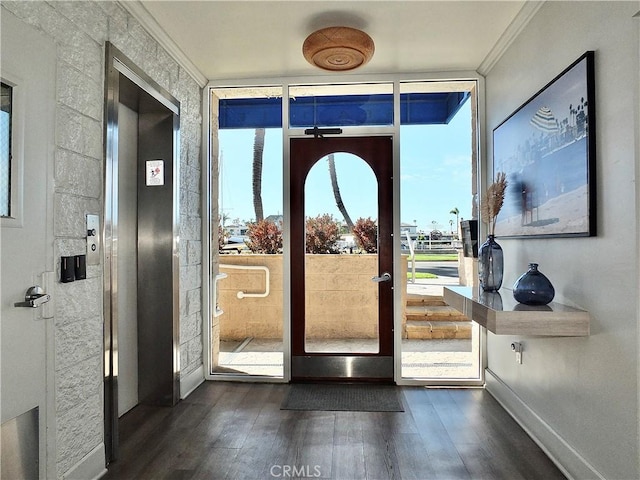 doorway featuring dark wood-style floors, floor to ceiling windows, crown molding, and baseboards