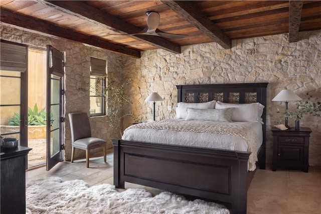 bedroom featuring access to outside, wooden ceiling, and beam ceiling