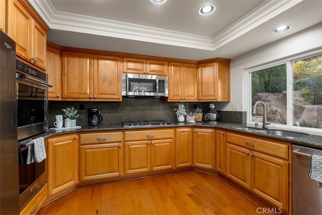 kitchen with crown molding, light wood-style flooring, appliances with stainless steel finishes, a raised ceiling, and a sink