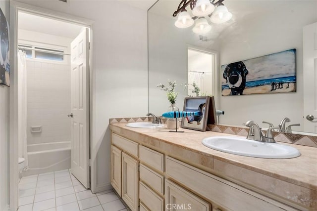 full bathroom featuring tile patterned floors, shower / tub combo, double vanity, and a sink