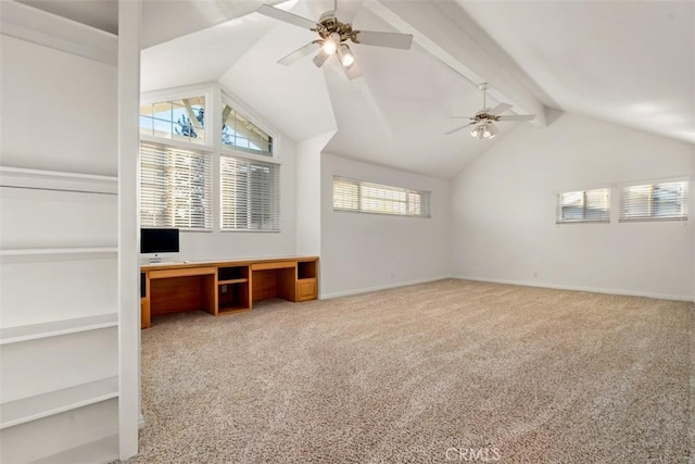 interior space with light colored carpet, lofted ceiling with beams, and ceiling fan