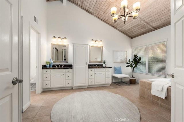 bathroom featuring a chandelier, wood ceiling, double vanity, tile patterned floors, and a sink