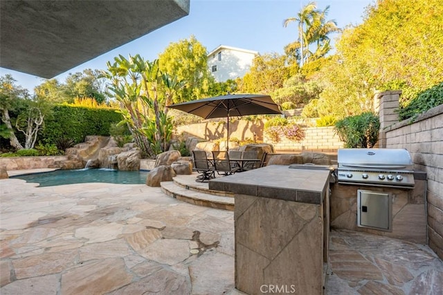 view of patio / terrace with a fenced in pool, outdoor dining area, a fenced backyard, area for grilling, and an outdoor kitchen